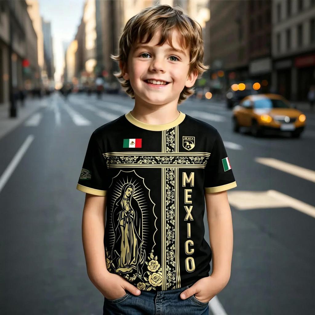 Kids Casual Short Sleeve T Shirt Mexico Themed Letter Print Lightweight Comfortable Summer Top for Boys and Girls