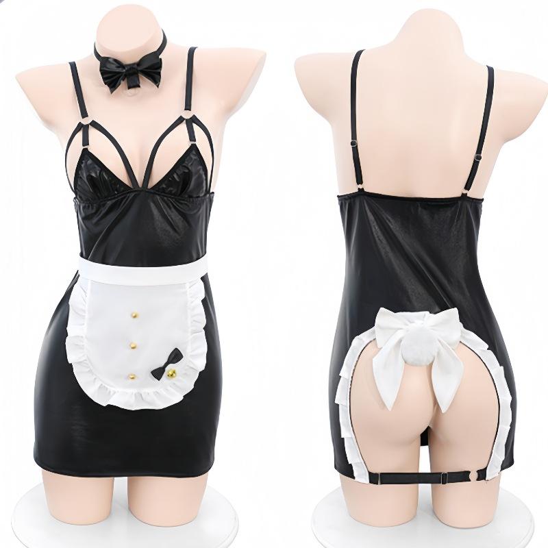 Sexy Bunny Girl Cosplay Costume Women Lingerie Rabbit Suit Open Hip PU Leather Mini Dress with Headband Apron Set