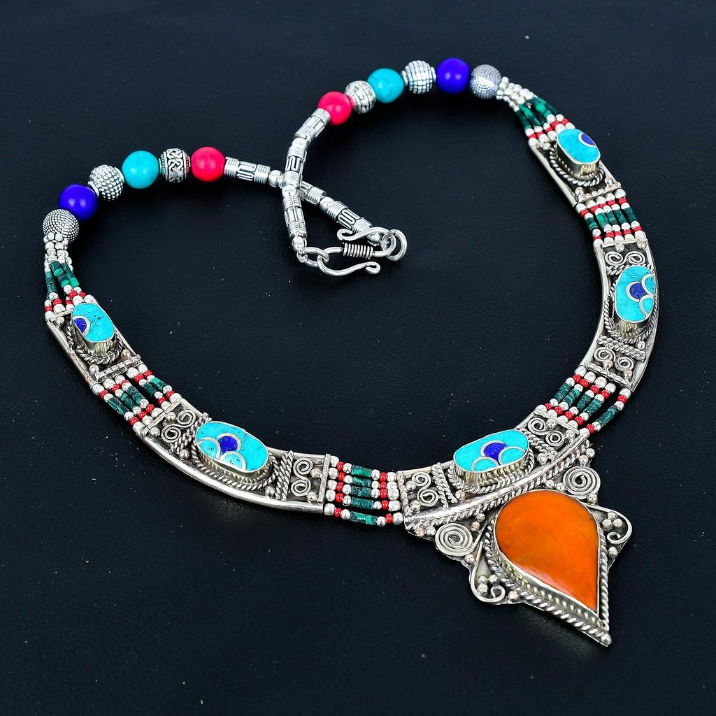 Turquoise, Coral With Lapis Lazuli 925 Sterling Silver Necklace Tibetan Silver Necklace Bohemian Antique Necklace Handmade Jewelry Nepali Necklace