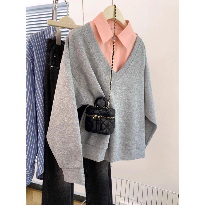 2025 Early Autumn Korean Style Grey Two-Piece Hoodie Jacket for Women, Loose Fit with Polo Collar