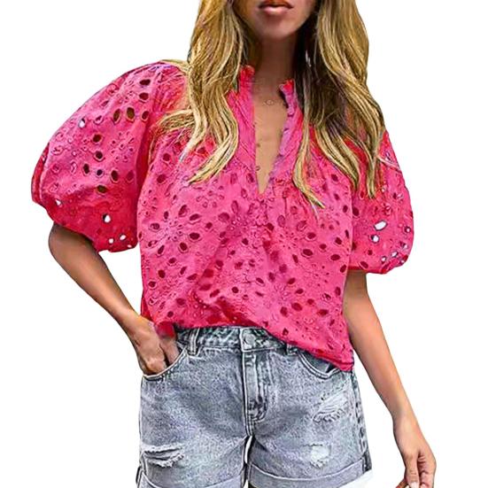 Женская рубашка с воротником-стойкой и V-образным вырезом, коротким рукавом, ажурным вышитым цветочным узором, кружевная блузка, повседневные нарядные топы