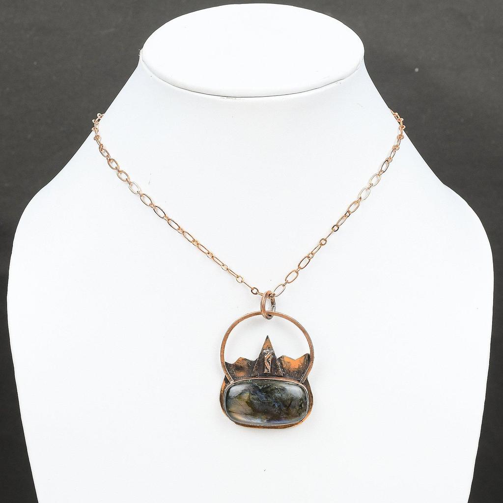 Подвеска из лабрадорита и меди, оригинальный кулон из драгоценного камня, подвески ручной работы, оксидированная медь, ювелирный дизайнерский кулон для подарка, кулон с камнем по рождению