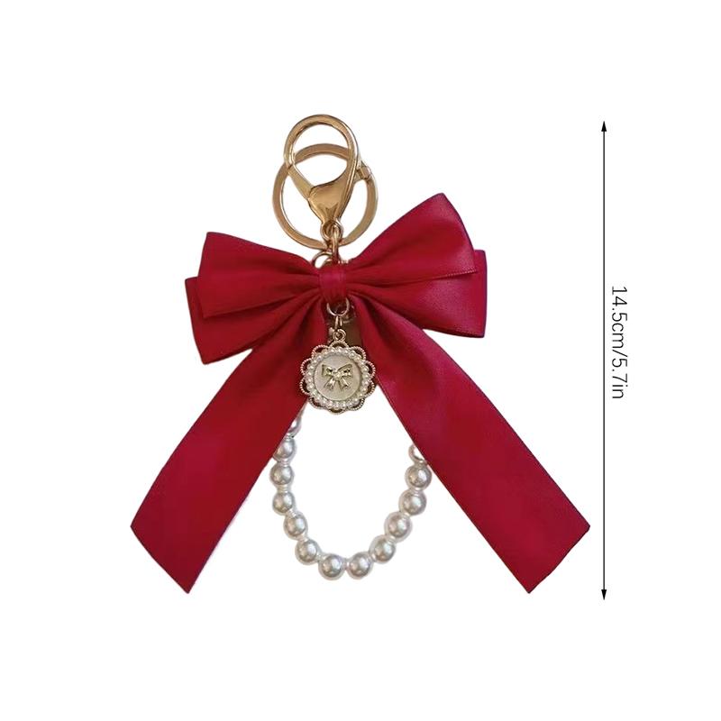 Key Bag Pendant Accessories Faux Pearl Bow Keychain Cute Beaded Bracelet Key Chain For Purse Bag Backpack Car Charm Ribbon