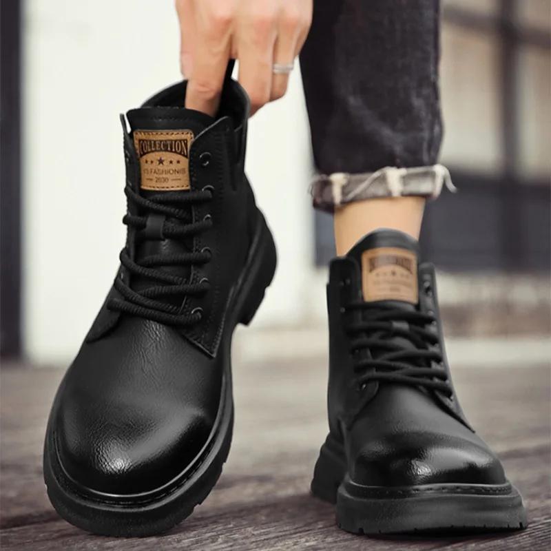 Мода 2024Мужские ботинки Высококачественные кожаные ботинки Ботильоны на шнуровке в стиле ретро Модные мотоциклетные ботинки для мужчин Ботинки на платформе Botas Hombre