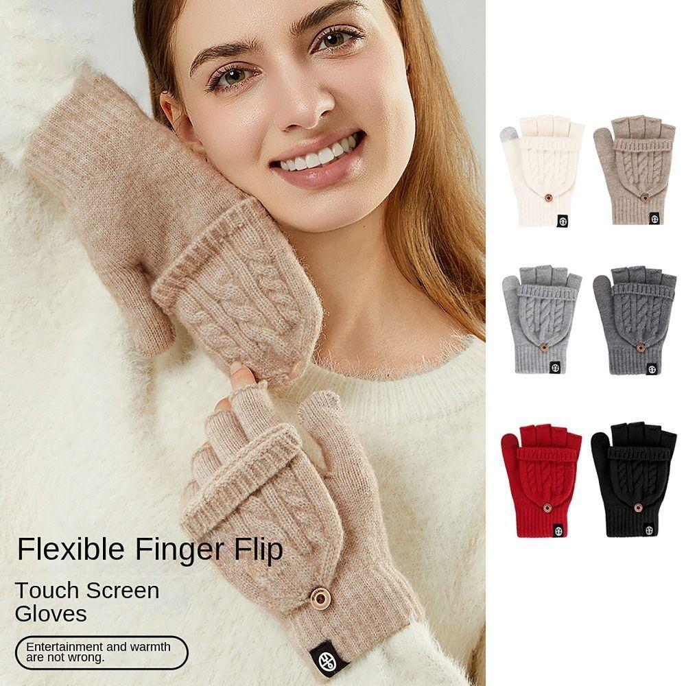 Thickening Fingerless Flip Gloves Wool Knitted Finger Free Gloves  For Men Women Unisex
