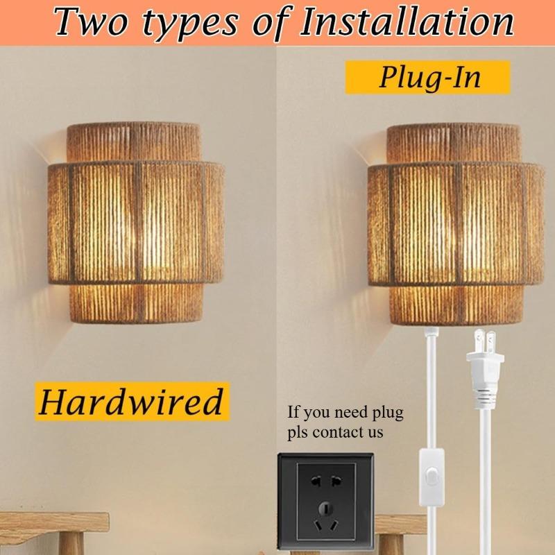 Hemp Rope Rattan Wall Lamp Antique Asia Hotel Indoor Living Room Bedroom and Office Vanity Modern E27 Woven Bedside Wall Light