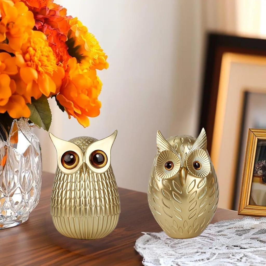 Gold Owl Statue Decor Home Decor for Bookshelf TV Stand Mantel Bedroom Living Room Office, Small Owl Figurines Animal Sculptures Gift for Birds Lovers