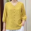 Women's Spring and Summer Literary Embroidery Cotton V-neck T-shirt Casual Loose Solid Color Medium-sleeved Blouse