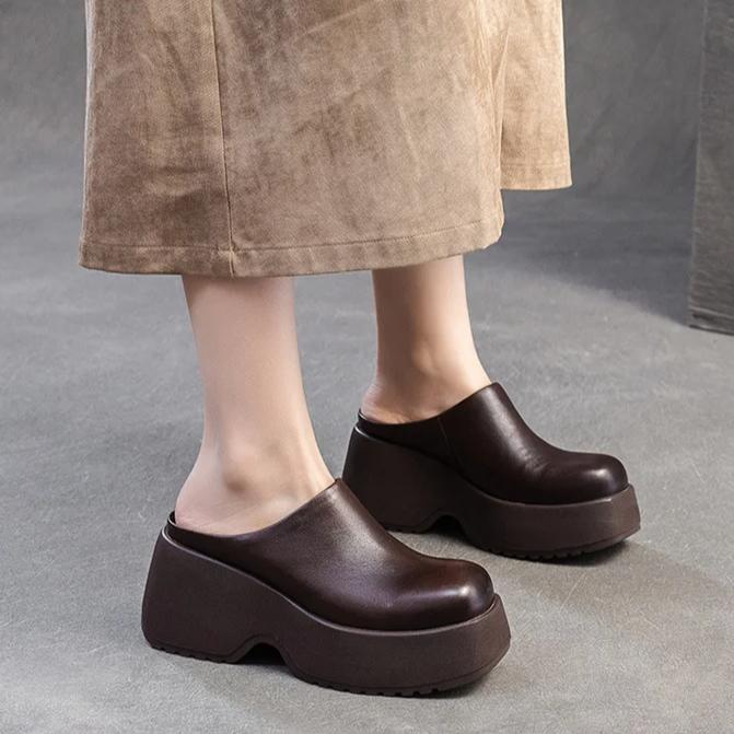 Johnature Тапочки на толстой танкетке с толстой подошвой из натуральной кожи в стиле ретро, однотонные женские туфли на платформе