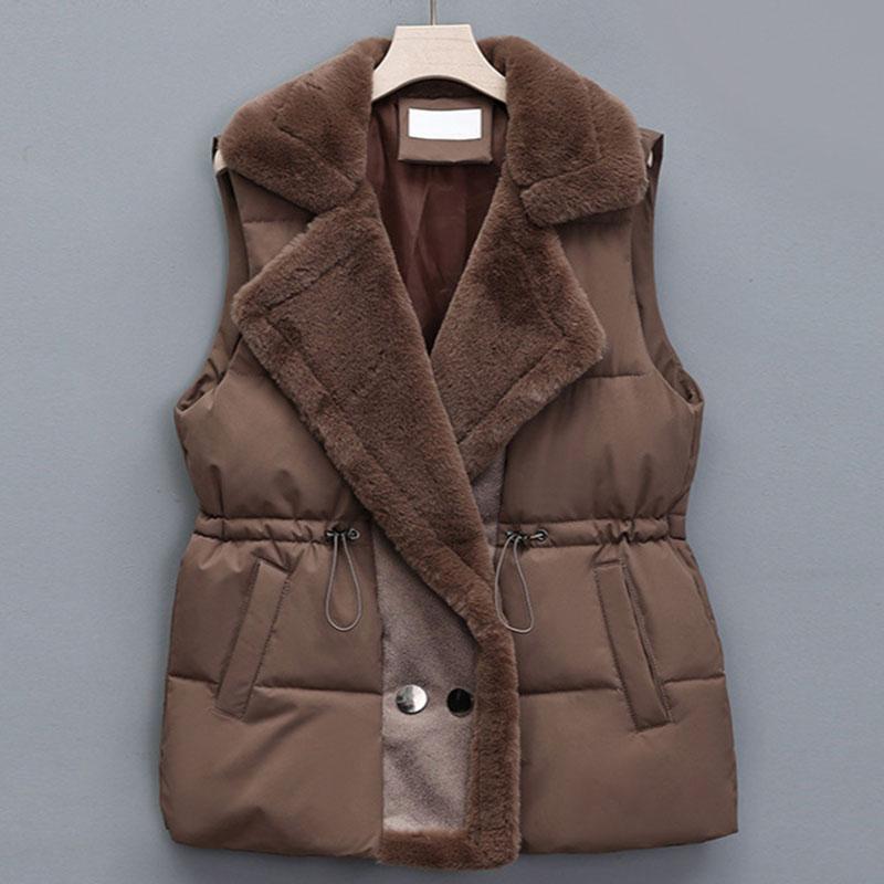 Autumn Winter Women Vest Fur Integrated Lapel Drawstring Horse Jacket with Lamb Fur Patchwork Down Cotton Vest Female Waistcoat