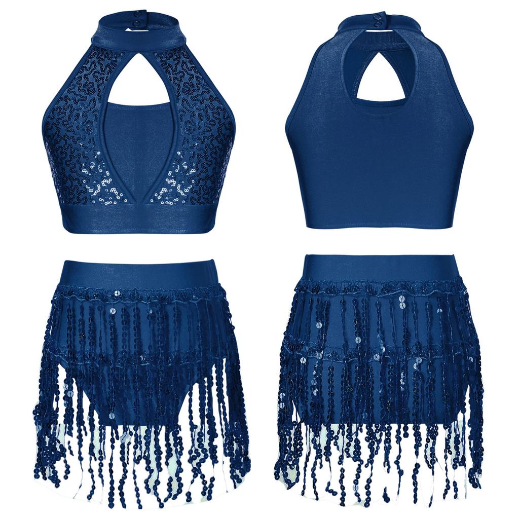 Детский укороченный топ с пайетками для девочек и юбка, комплект одежды для джазовых латинских танцев, костюм из 2 предметов, танцевальная одежда