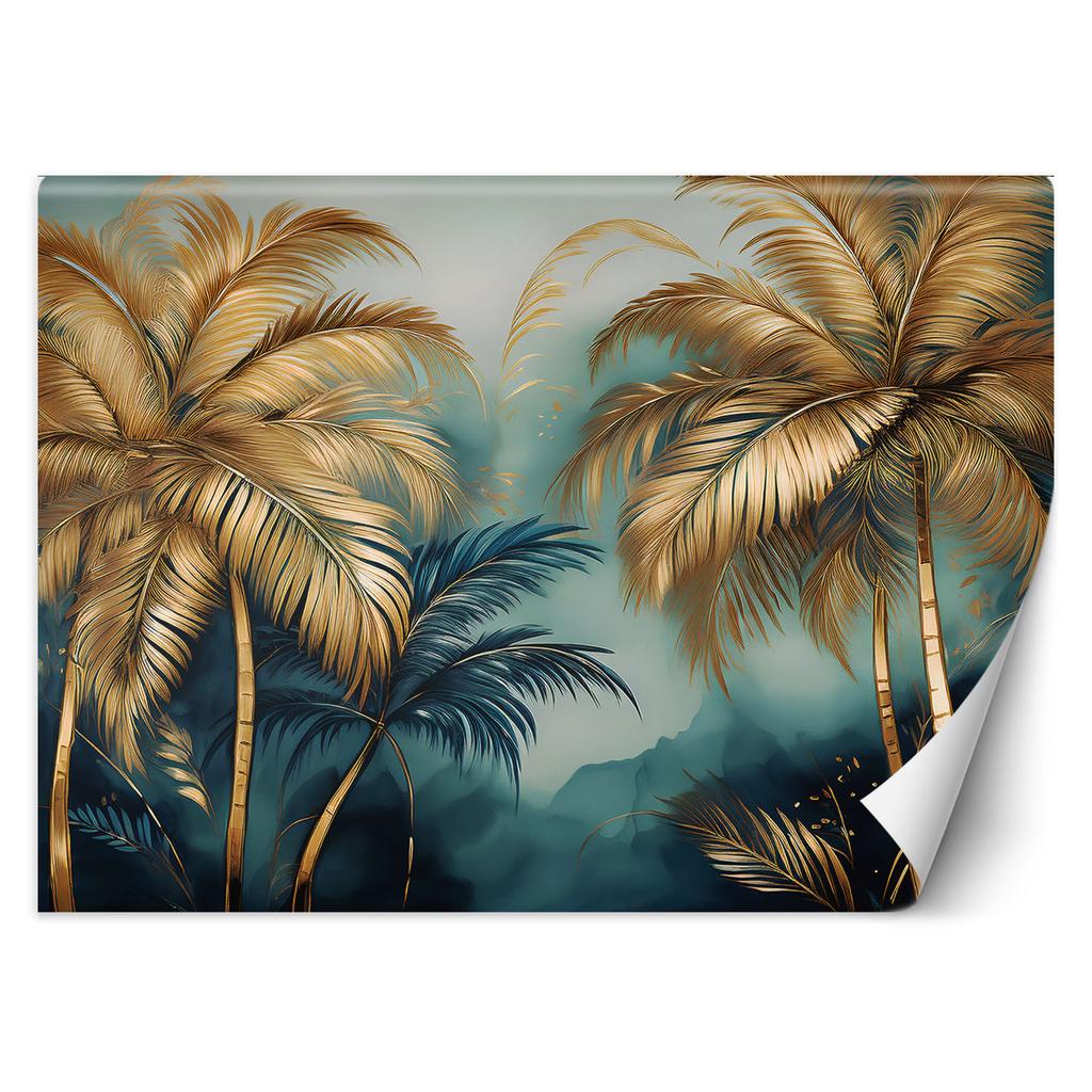 Wallpaper Blue-gold Palms On Gray Background