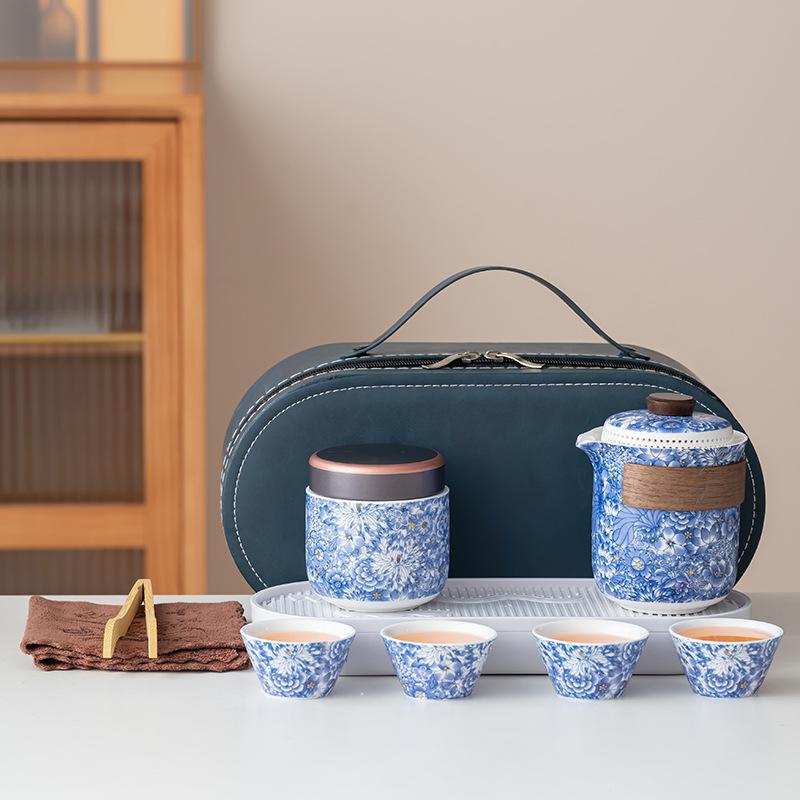 Portable travel kung fu tea set Ru kiln flowering high-end ceramic teapot teacup housewarming gifts for elders