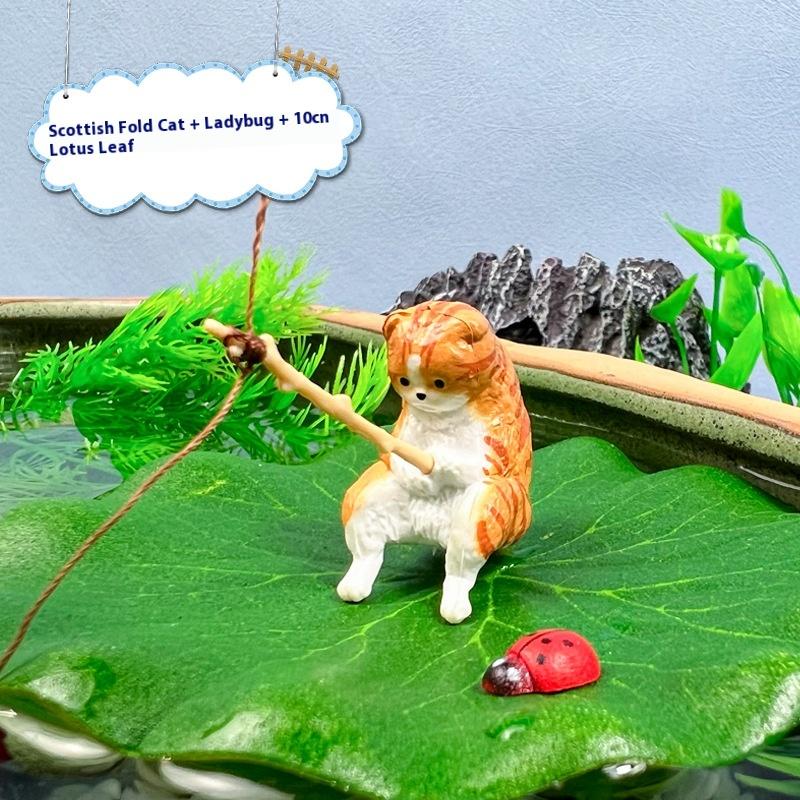 3Pcs Fishing Cat Ladybug Lotus Leaf Set Ornaments Aquarium Decoration Cartoon Cat Statue Mini Resin Figurine Home Decor