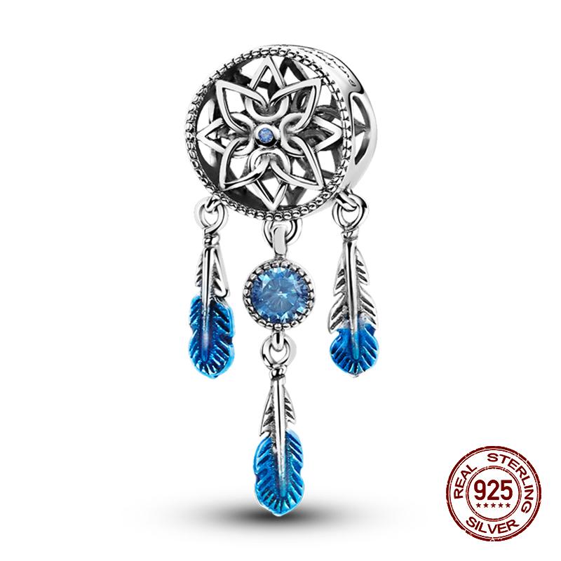 100% оригинальное серебро 925 пробы с перьями, красочные подвески в виде ловца снов, подвески, подходят для оригинальных браслетов 925, ювелирные изделия своими руками