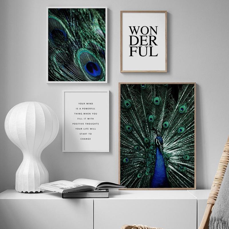 Синие павлиньи перья Цитаты Животные Скандинавские постеры и принты Картина на холсте Современное настенное искусство Картины для гостиной Домашний декор