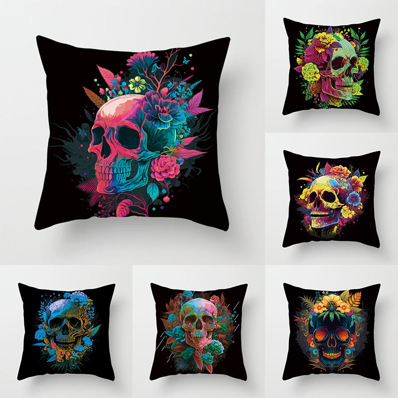 Colorful Skull Fashion Set Decorative Printing Square Pillowcase Car Sofa Cushion Cover 45*45cm Home Improvement