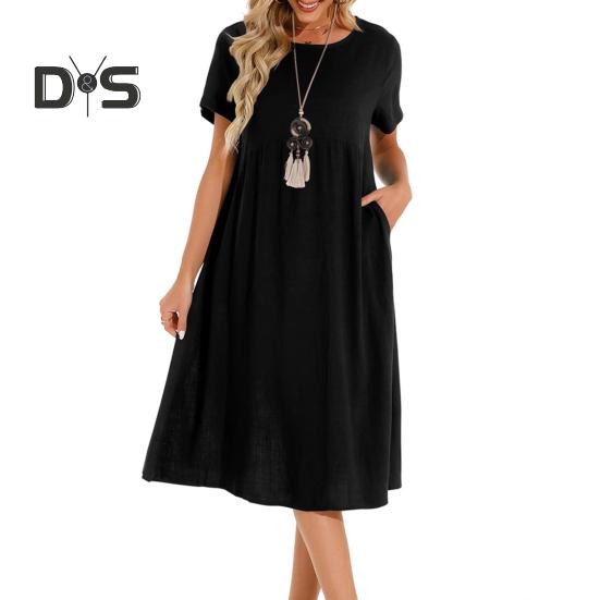 Женское платье с круглым вырезом, коротким рукавом, длиной до колена, однотонное платье с карманами, свободное летнее платье