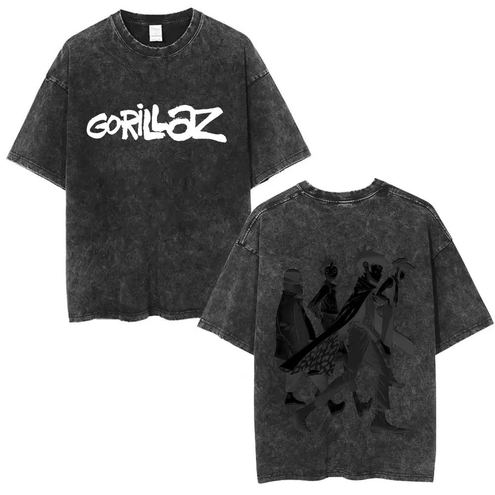 Washed Vintage Rock Band Gorillaz Album Graphic T-shirt Men's Women Hip Hop Fashion Oversized T Shirts Male Cotton Streetwear