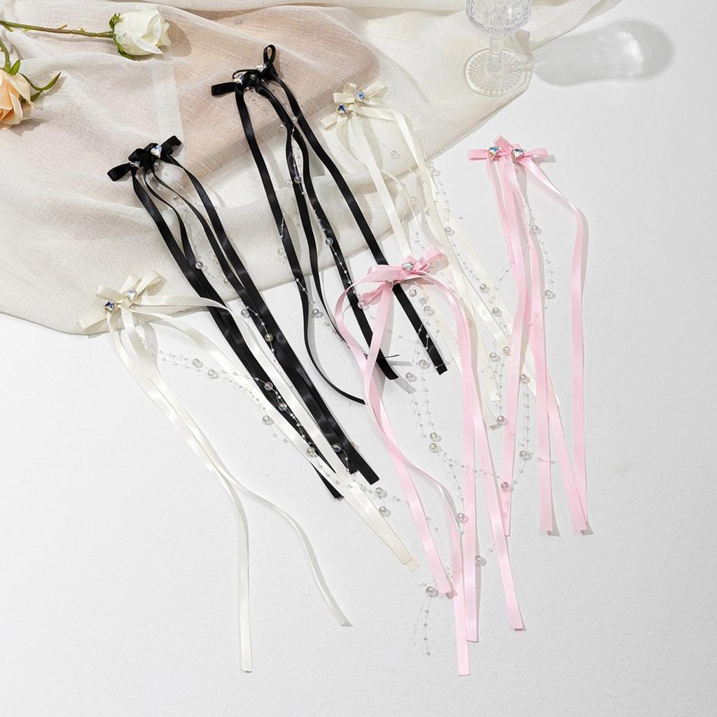 2/6pcs Set of Sweet Style Bow Rhine Stone Hair Clips with Flowing Ribbons, Fabric Hair Clips, Solid Color Hair Accessories Set