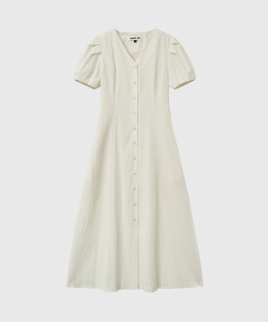 General Idea Striped V-Neck Puff Long Dress [Vanilla] / Gf2Lop514