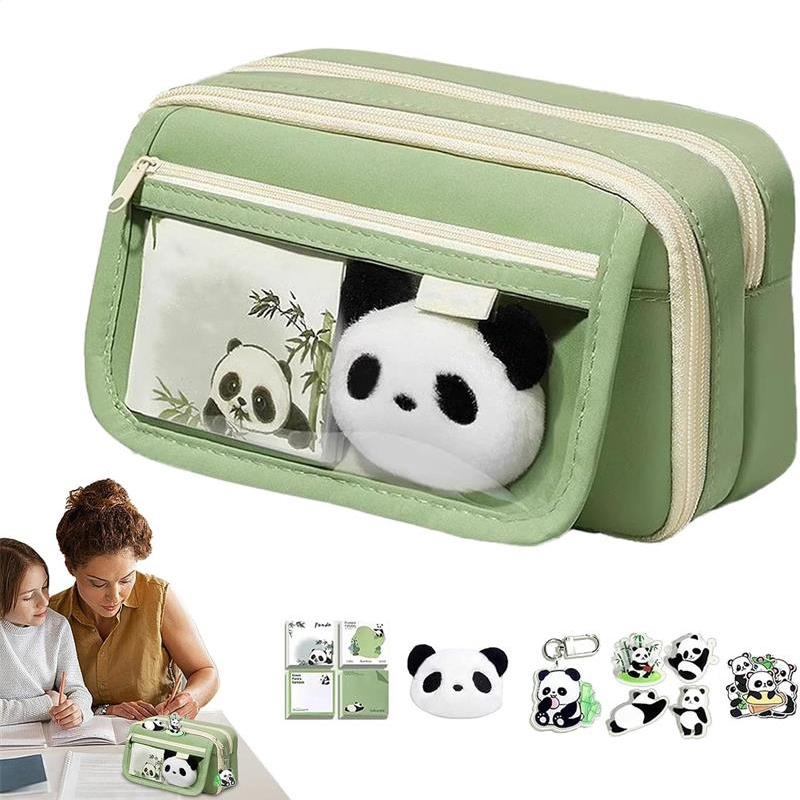 Пенал большой емкости «Панда», милый пенал, держатель для ручек на молнии с брелоком-брошью в виде панды, блокнот, многослойный милый пенал для девочек
