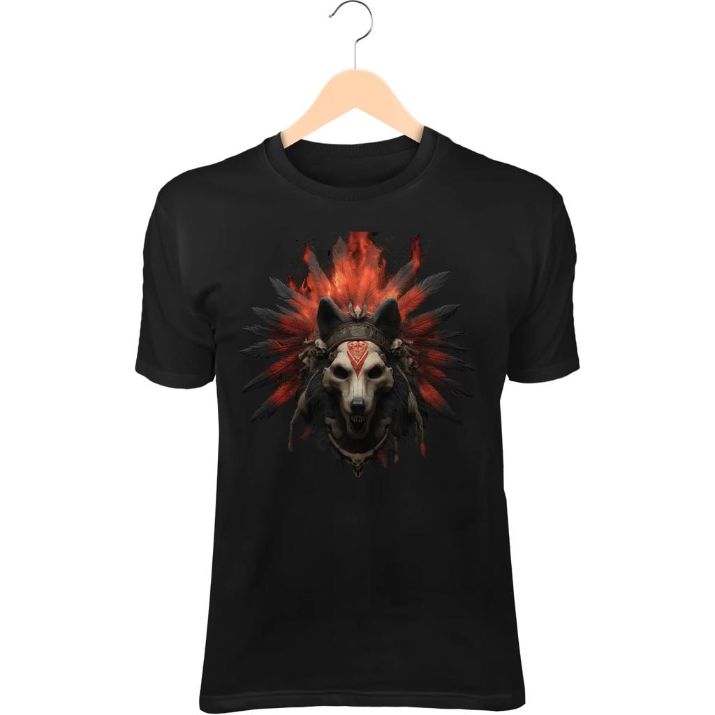 Primal Skull Hunter T-Shirt – Flaming Wolf Headdress, Red Tribal War Paint