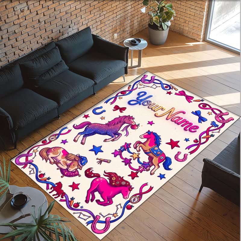 Horse Theme Crystal Velvet Floor Rug Personalized Custom Name Text Warm Carpet Home Decoration