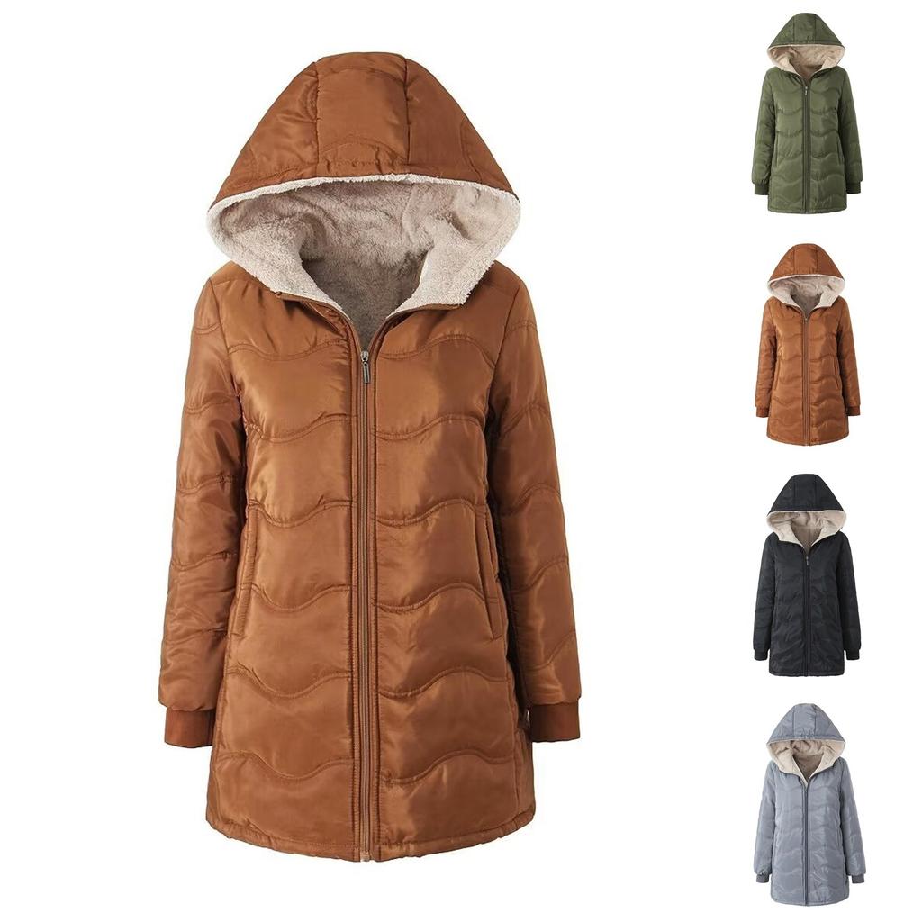 Women's Fashion and Leisure Geometric Wave Hooded Lamb's Wool Thickened Warm Cotton Coat Medium-length Jacket Cotton Clothing