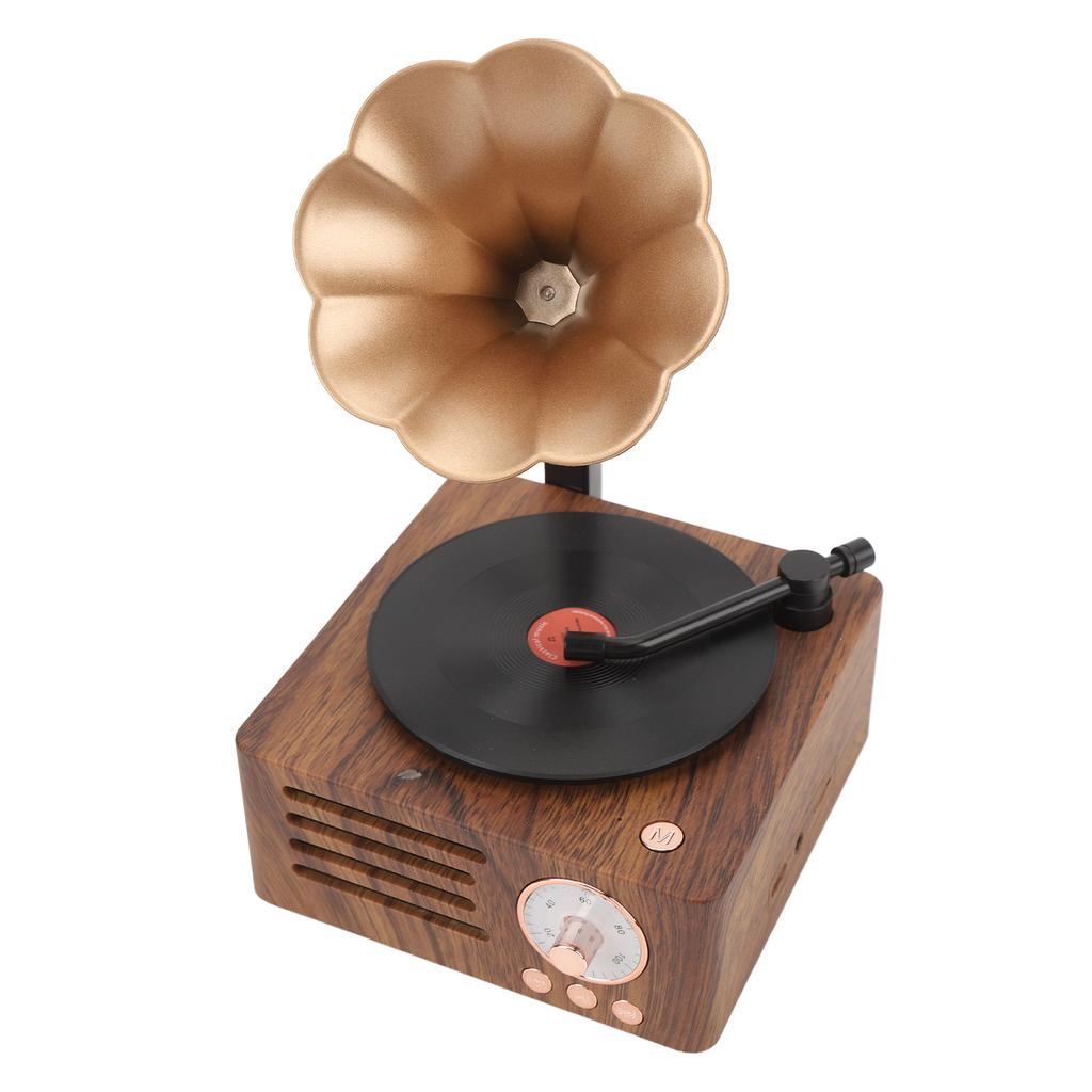 Portable Bluetooth Speaker Wood Grain Vintage Rotatable Record Player Shape Stereo Speaker