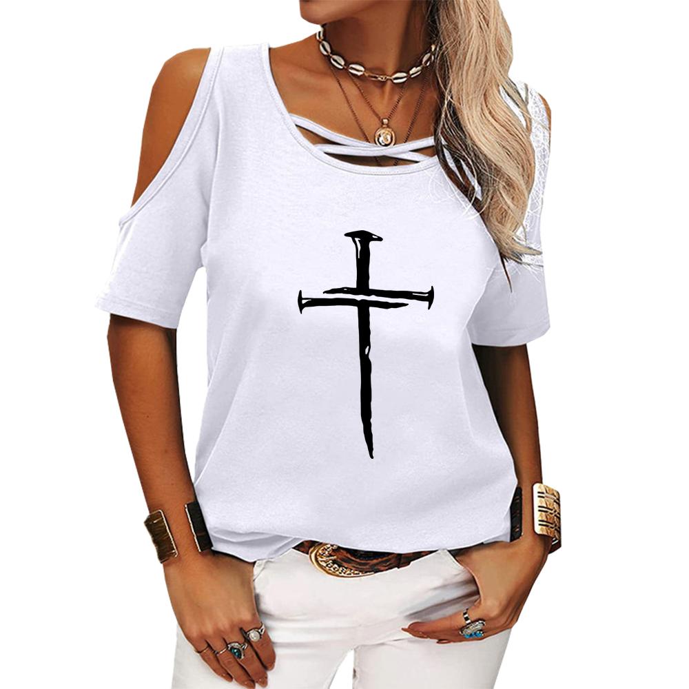 Women Casual Round Neck Off Shoulder Top Female Fashion Tee Shirt Summer Printed Loose Short Sleeve T-shirt