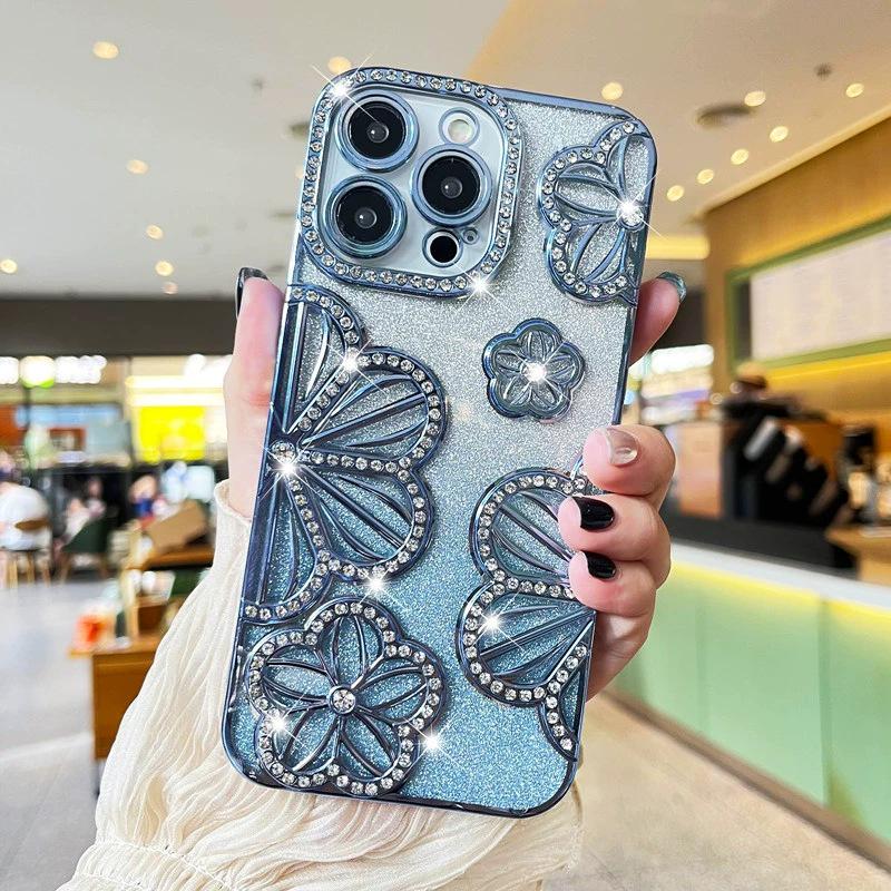 Блестящий градиентный чехол для телефона с цветком из страз для Apple 17 Pro Max - Девичий стиль (Подходит для 11/12/15/16)