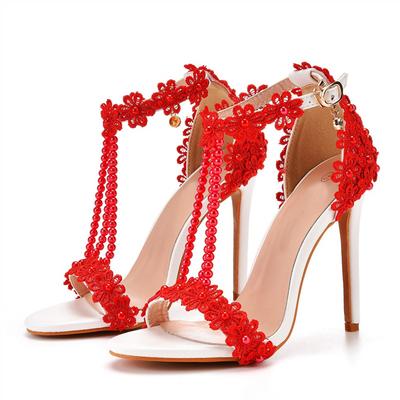 Большие размеры 43 44 45 Женские сексуальные босоножки на шпильке Летняя мода Жемчужные цветы Ремешок на щиколотке Элегантные высокие каблуки Вечерние туфли для выпускного