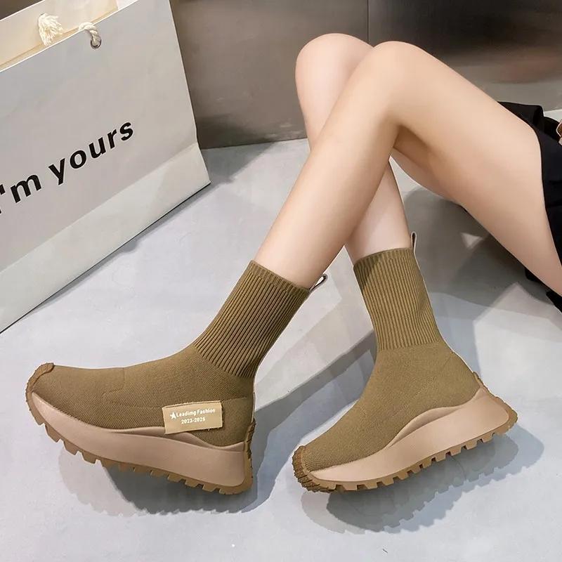 Ботильоны на платформе с носками, женские осенне-зимние повседневные высокие эластичные удобные ботинки из трикотажной ткани, женские ботинки на толстой подошве