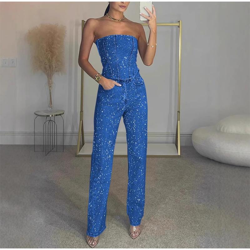 2025 Sexy Off-The-Shoulder Sparkling Vest Diamond Decorated Straight Leg Pants Suit Two-Piece Set Women's Spring Fashion Party Suits