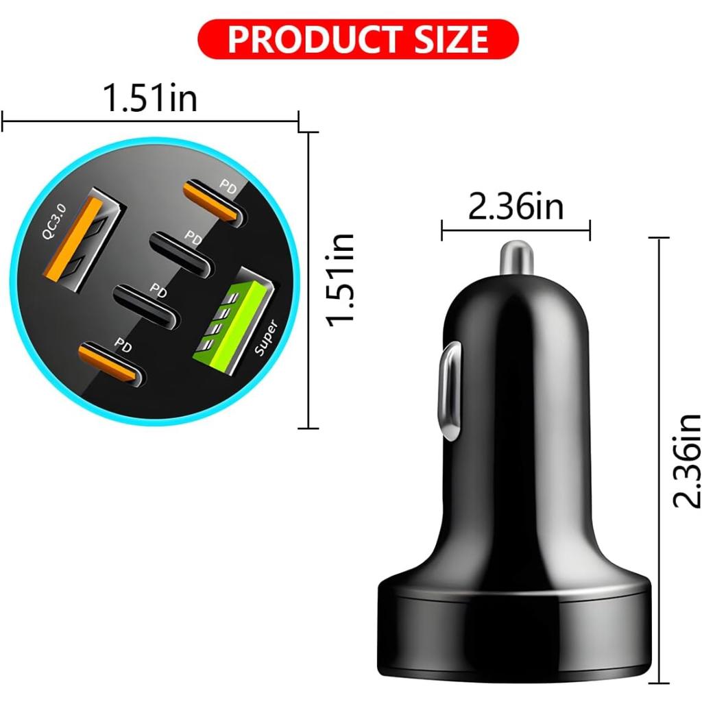 Автомобильное зарядное устройство на 6 портов мощностью 66 Вт с поддержкой PD и QC 3.0, быстрая зарядка 12–24 В, универсальное для смартфонов