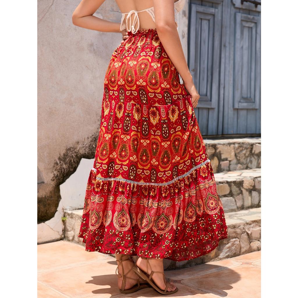 Women's Elastic Waist Maxi Skirt Loose Fit Boho Printed Long Skirt Tiered RAYON 100% Beach Vacation Flowy Midi Skirt