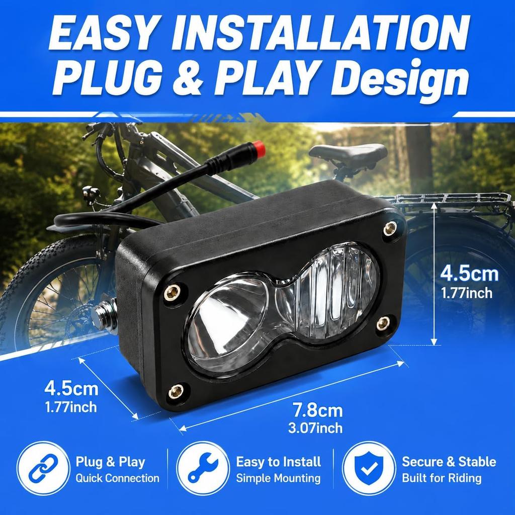 EBike Headlight For TST R002, Plug And Play Baja Style Front Light For Rad Power RadRover RadRunner Bikes 2 Pin Julet Connector 12V-60V Waterproof
