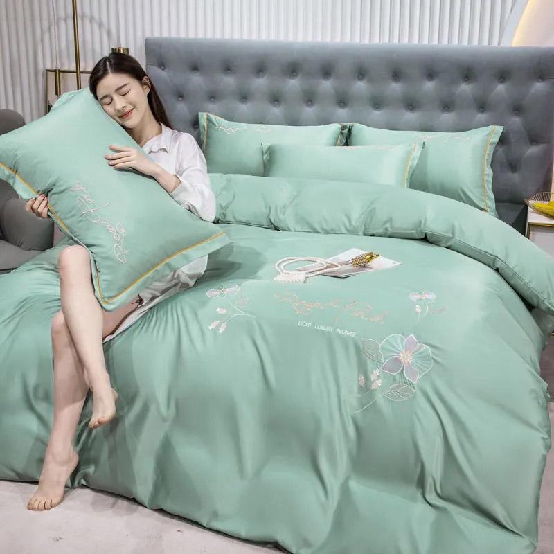 4pcs/set Spring and Summer Embroidery Ice Silk Four Piece Set Sheet Quilt Pillow Bedding Set Home Double Bed Bedspread Sets