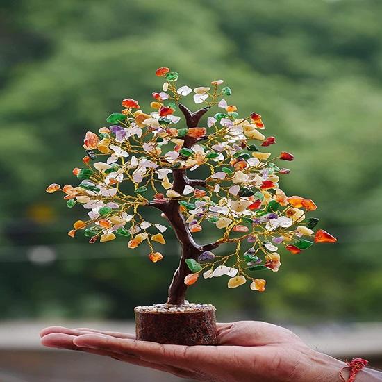 Seven Chakra Crystal Tree Crystal Showpieces for Positive Energy Items for Home Decoration Gift Item Bonsai Money Tree, Golden Wire