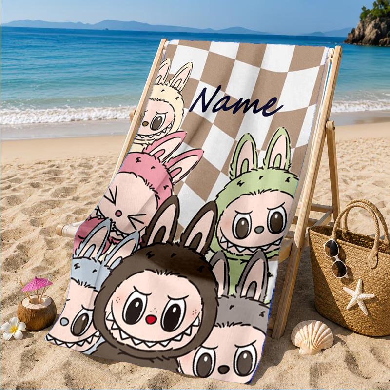 Custom Name Beach Towel Pink Labubu Cute Theme Microfiber Beach Towel, Lightweight for Summer Travel, Swimming Pool Fan Birthday Gift