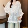2025 New Summer V-Neck Buttons Shirt Women Lace Blouse Short Sleeve Fashion Tops Tees Casual Loose Green Tees