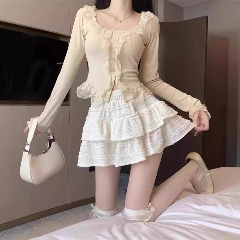 Женская мини-юбка-пачка из кружева с высокой талией - Коллекция Ранняя Весна 2025