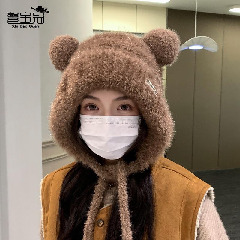 Зимняя милая плюшевая шапка с медвежонком, женская ветрозащитная шапка из вязаной шерсти с защитой ушей, чтобы согреться и не замерзнуть, и подчеркнуть маленькое лицо