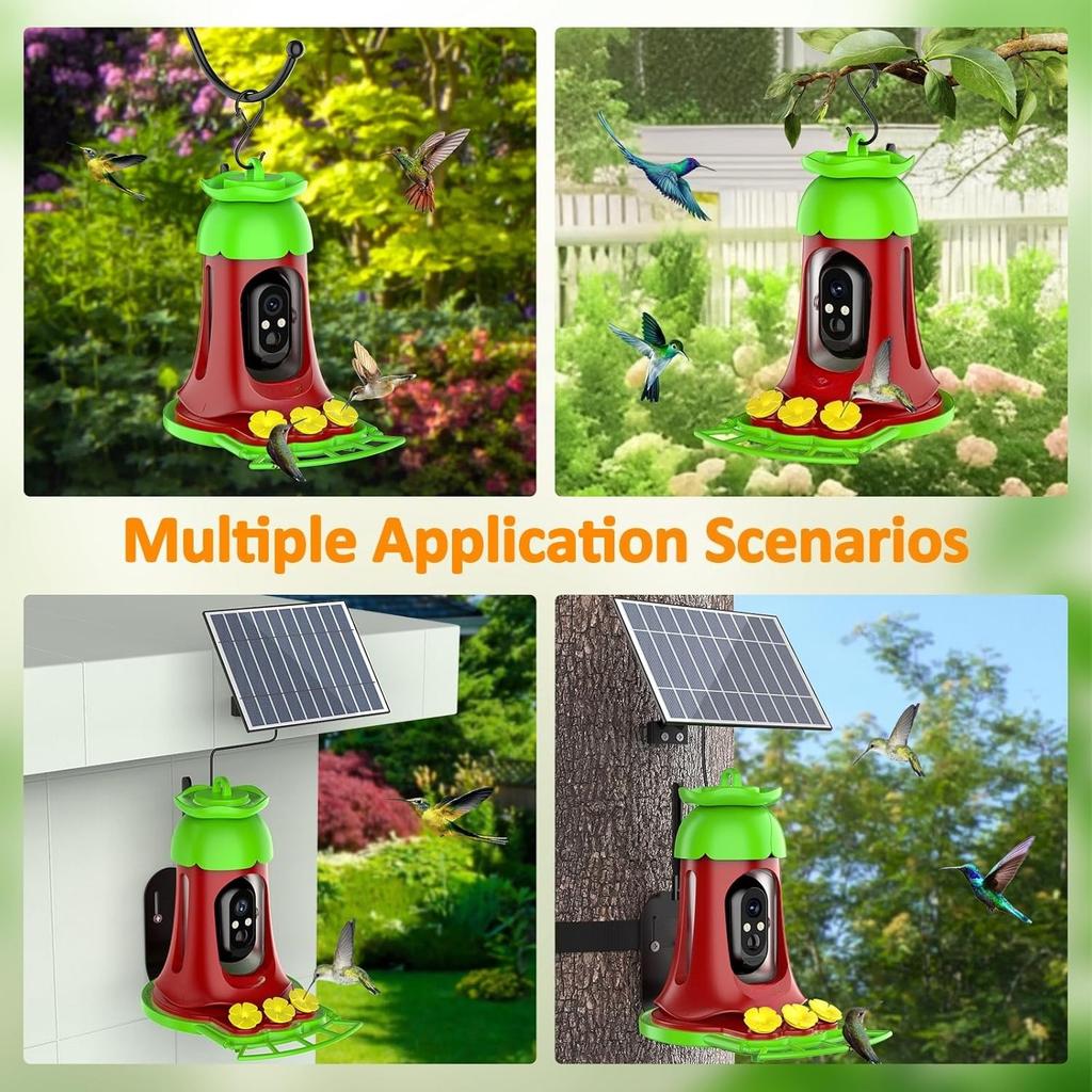 Hummingbird Feeder with Camera,7W Solar-Powered Smart Bird Feeder Camera with SD Card,Anti-Ant Moat,Outdoor Bird Raising Camera