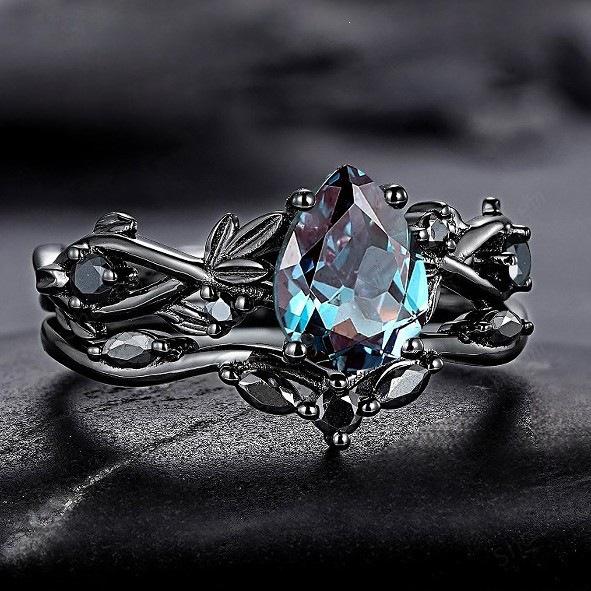 Модные Парные Кольца Sanjie Gun Black & Sea Blue Diamond для Помолвки - Женские Украшения в Европейском и Американском Стиле