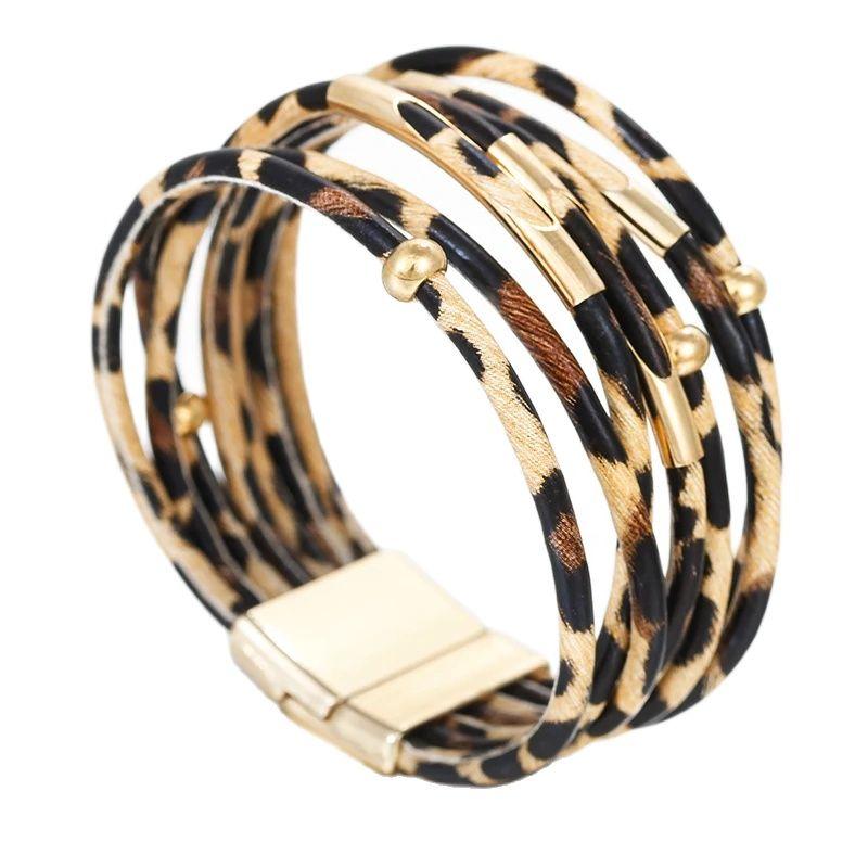 Vintage Metal Tube Leopard Leather Bracelet for Women Men Boho Multilayer Wrap Wide Bracelets & Bangles Charm Jewelry