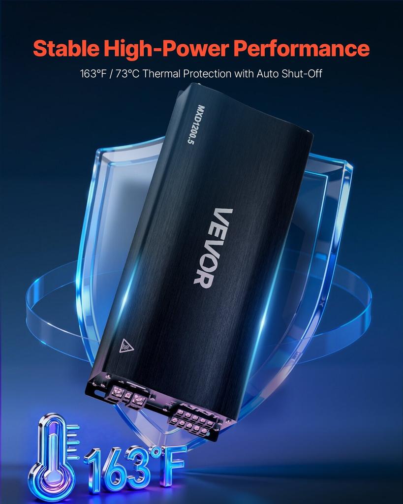 Car Audio Amplifier, 5-Channel Bridgeable Car Amplifier, Multichannel Class D Stereo Amp, Max. 4 x 100W at 4 Ohms / 4 x 200W at 2 Ohms + 1 x 1000W at