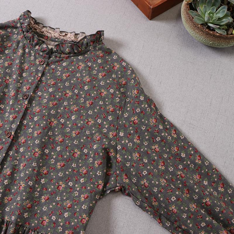 Mori Girl Autumn Spring Women Loose Long Dress Ruffled Collar Floral Cottagecore Dress Vintage Cotton Ruffles Elegant Chic Dress