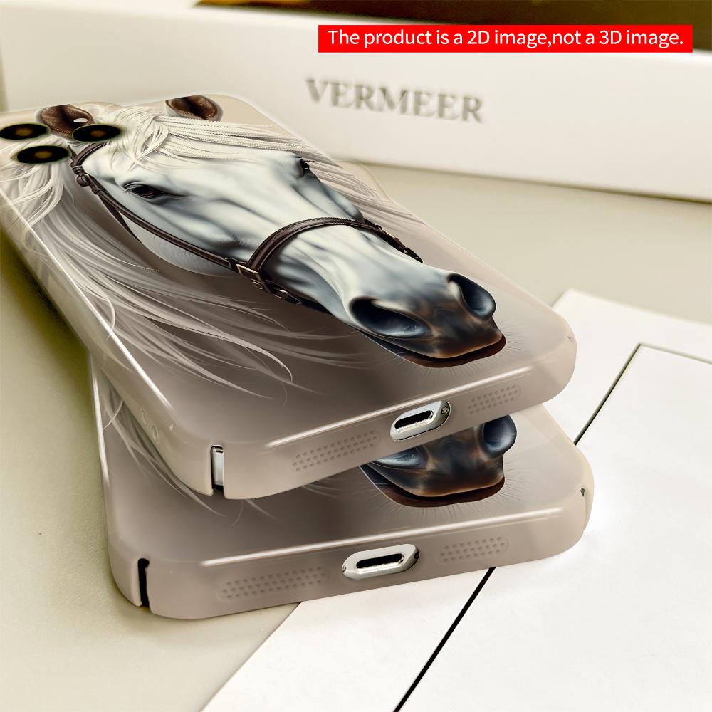 2DFlat White Horse Portrait Phone Case All inclusive film hard phone case, compatible with iPhone 18 Pro Max 17 16 15 14 13 12 11